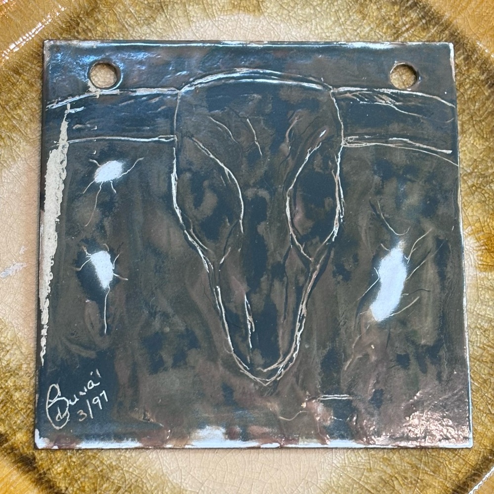 Vintage Artist Signed Etched Bull Metal Art!